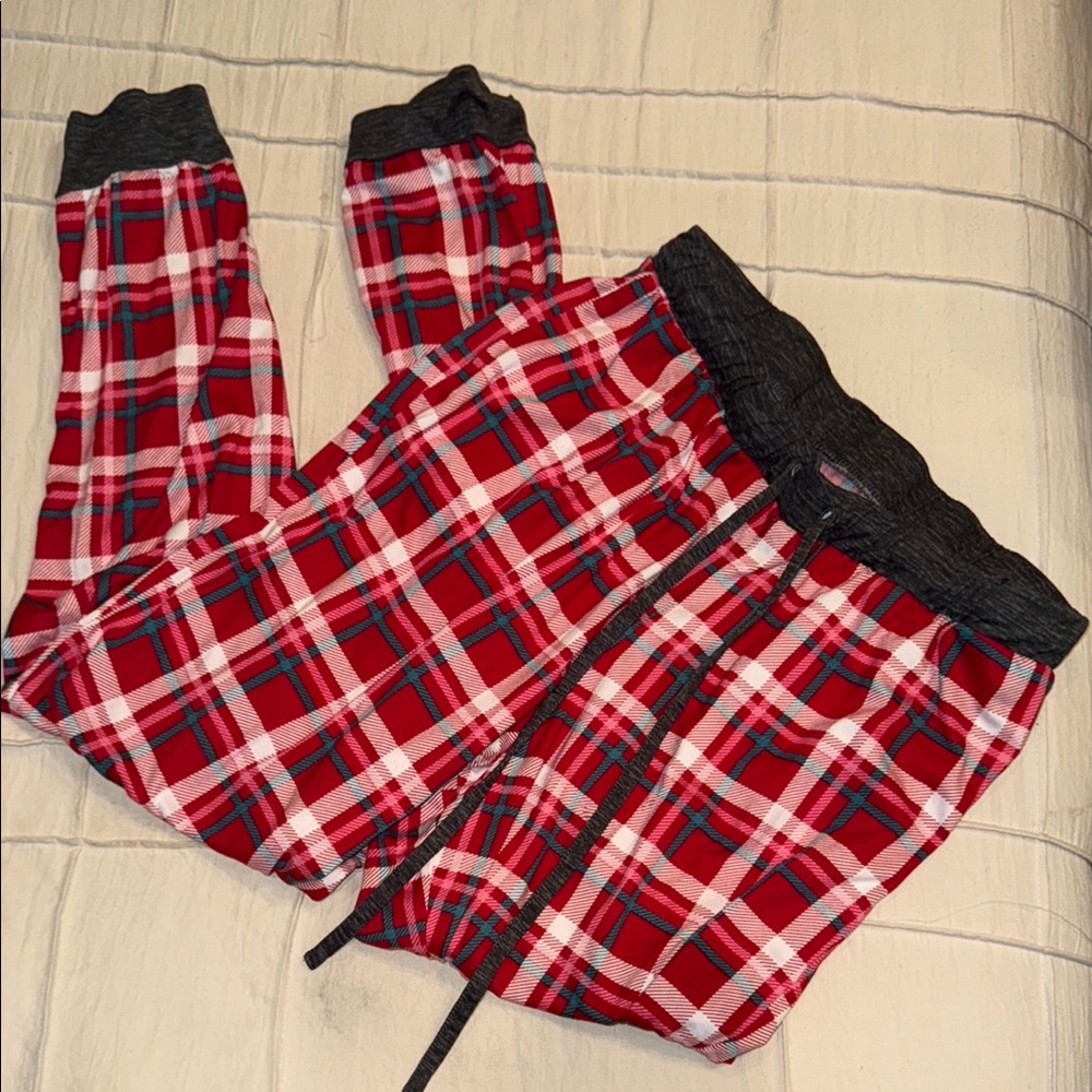Rae Dunn Red and Gray Pajama Bottoms Cozy Plaid Design